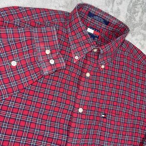 Tommy Hilfiger Large Vintage Oxford Shirt Red blue Plaid Cotton Button‎ Down